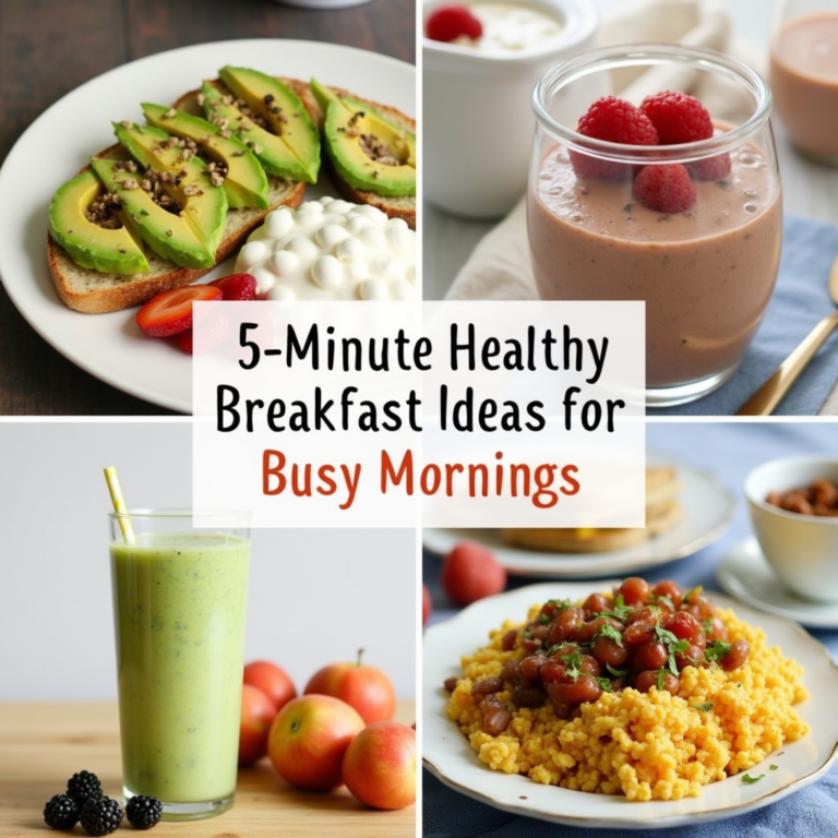 healthy breakfast ideas: a vibrant assortment of quick, nutritious breakfast options, such as avocado toast, overnight oats, smoothie bowls, yogurt with fresh fruit, and scrambled eggs with veggies.