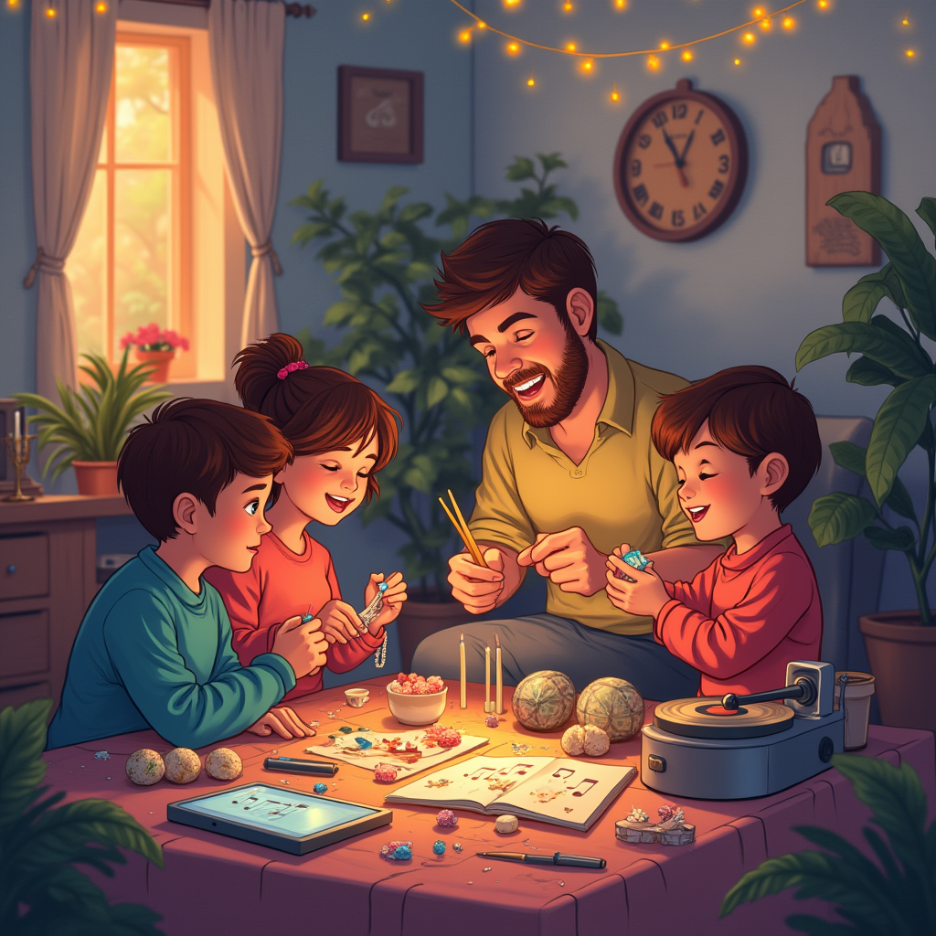 A cheerful family crafting together at a table, surrounded by supplies and lit by warm string lights in a cozy room.