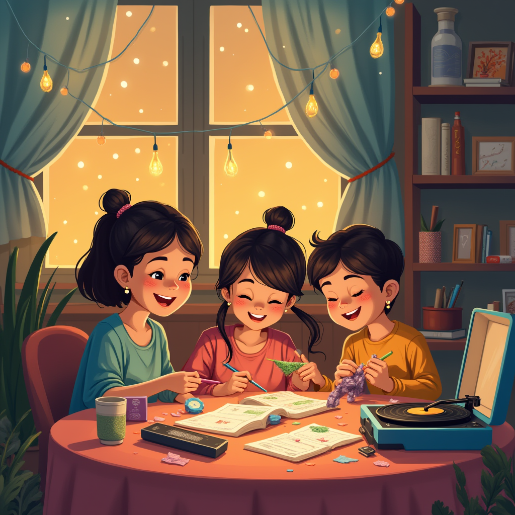 Sisters joyfully crafting together at a table under string lights.