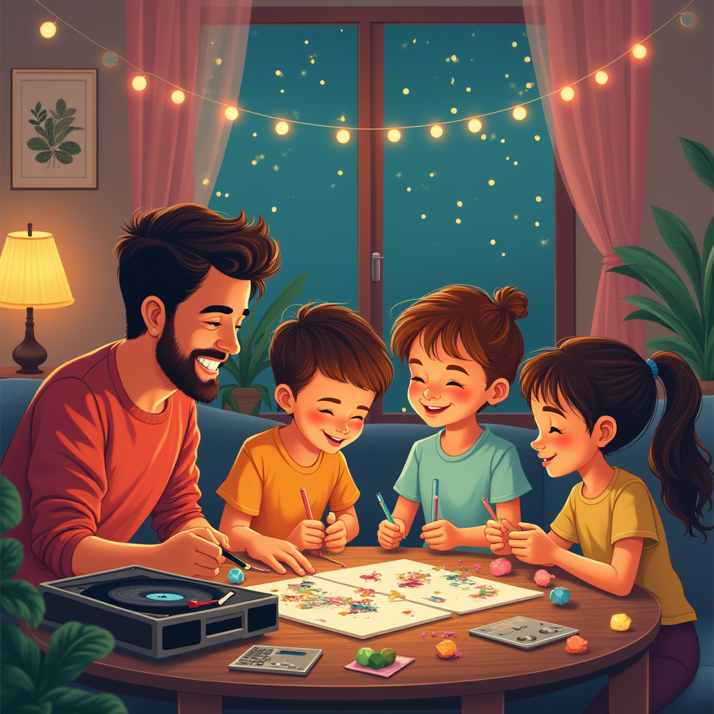 Family joyfully crafting together at a table under string lights.