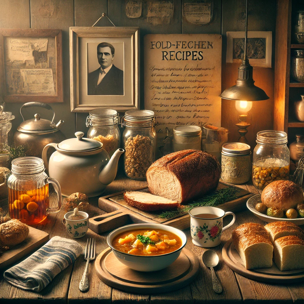 An inviting rustic kitchen scene featuring a loaf of freshly baked bread, a bowl of hearty soup garnished with herbs, jars of preserved food, a teapot, and mugs arranged on a wooden table. The warm lighting and vintage decor, including a framed photograph and recipe notes, evoke a nostalgic, homely atmosphere.