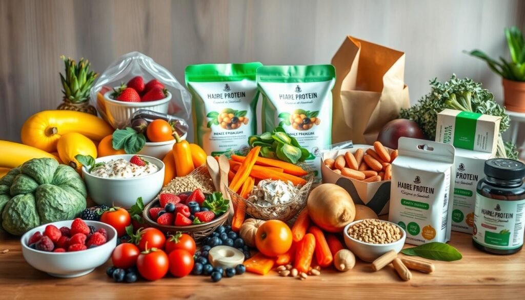 Nutrition for aging—various easy-to-digest foods and supplements suitable for seniors, featuring a variety of fruits, vegetables, whole grains, and soft protein sources arranged aesthetically on a wooden table, with gentle natural lighting highlighting the freshness of the ingredients.