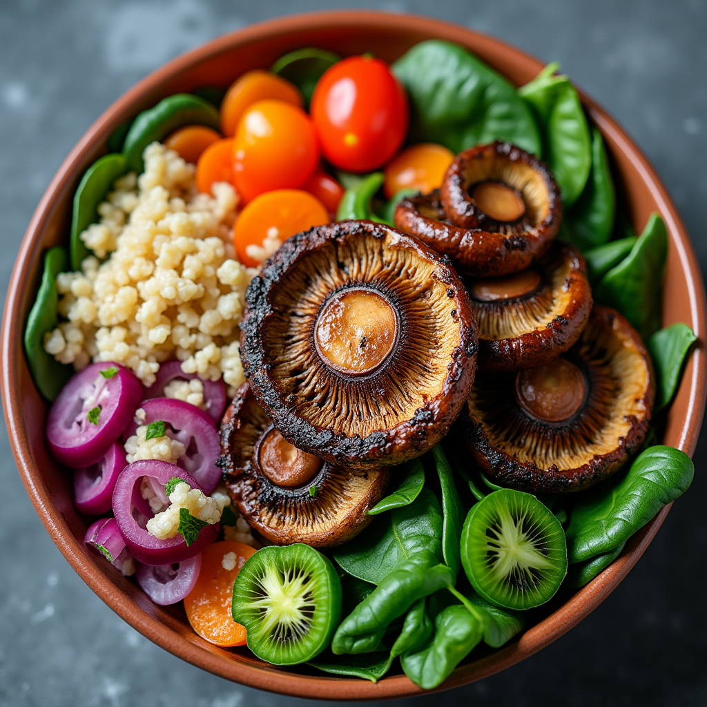 A vibrant Buddha bowl with roasted portobello mushrooms, quinoa, spinach, and colorful vegetables, arranged in a ceramic bowl,