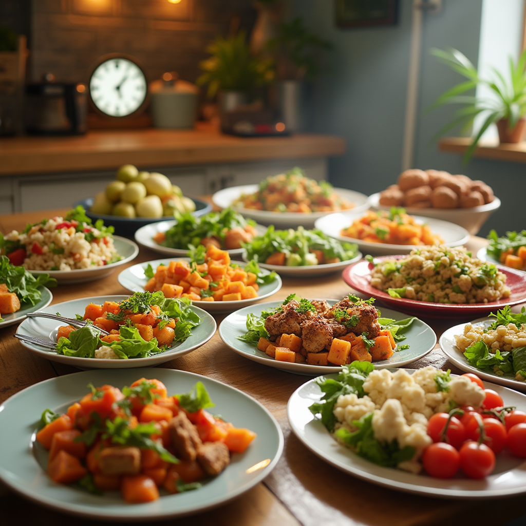 Different meal plates, each representing a nutritious dish made with fresh ingredients like vegetables, lean proteins, and whole grains. The meals should look appetizing and colorful, arranged neatly on a table or kitchen counter, with a timer in the background showing 30 minutes