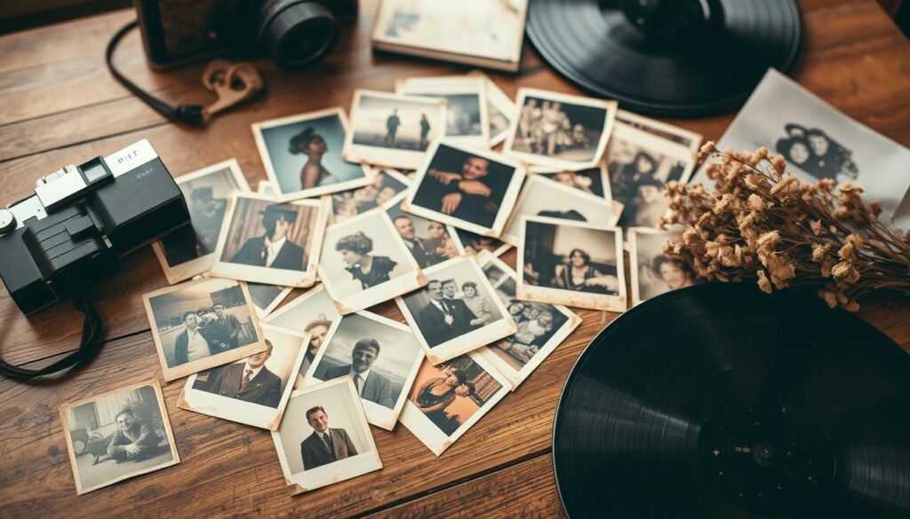 A nostalgic tabletop arrangement featuring a collection of vintage Polaroid-style photographs scattered across a wooden surface. The scene includes a retro film camera, vinyl records, dried flowers, and other vintage items, evoking memories and a timeless atmosphere.