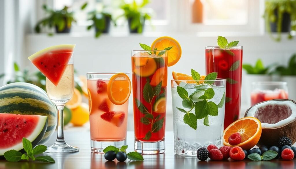 Hydrating and Refreshing Juices - a vibrant assortment of hydrating fruit and vegetable juices in clear glasses, showcasing fresh ingredients like watermelon, cucumber, oranges, coconut water, mint leaves, and berries