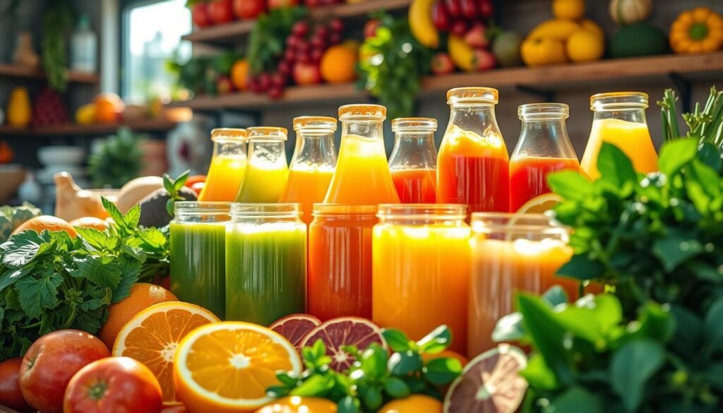 Top 10 Amazing Immunity-Boosting Juices - a colorful assortment of fresh fruits and vegetables arranged in a juice bar setting, showcasing various juices rich in immune-boosting ingredients like oranges, ginger, turmeric, and leafy greens. The scene features clear glass bottles filled with glowing, natural juices, surrounded by whole fruits and herbs.