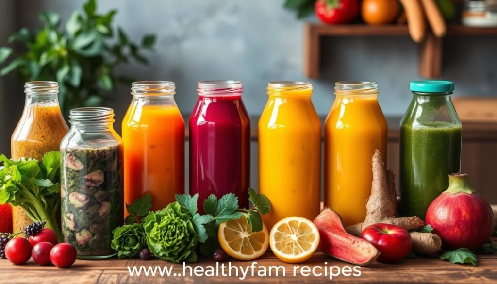  a variety of colorful ingredients like leafy greens, bright fruits, and root vegetables, arranged aesthetically in clear glass bottles on a rustic wooden table