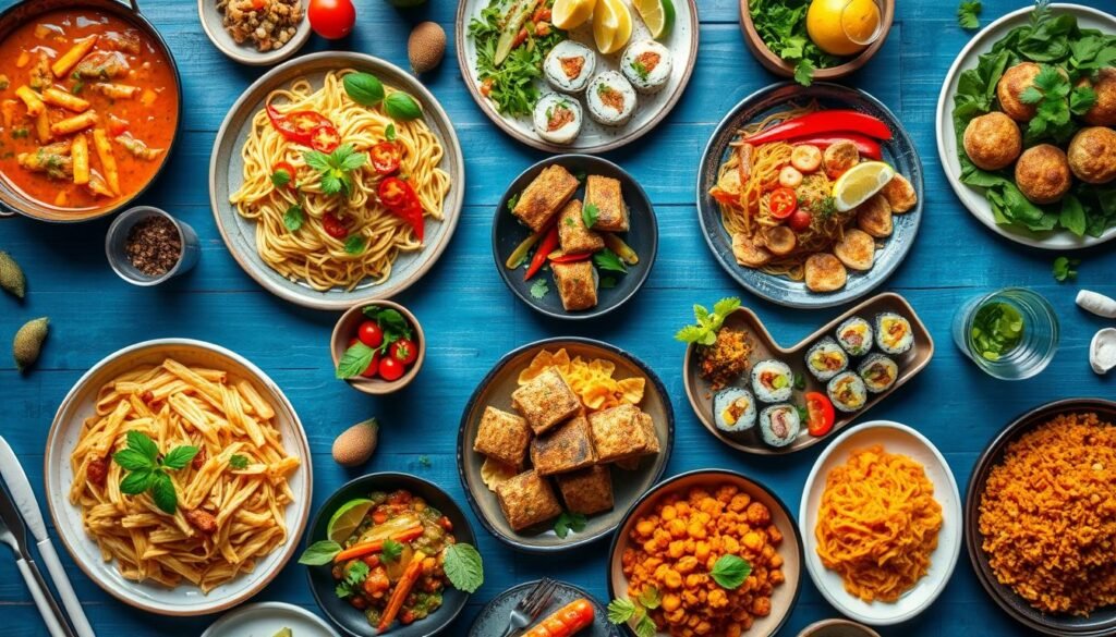 A vibrant spread of diverse dishes served on a blue table. The assortment includes various pasta dishes, sushi rolls, rice, vegetable curry, salads, and fried appetizers, garnished with fresh herbs and vegetables, creating a colorful and appetizing presentation.