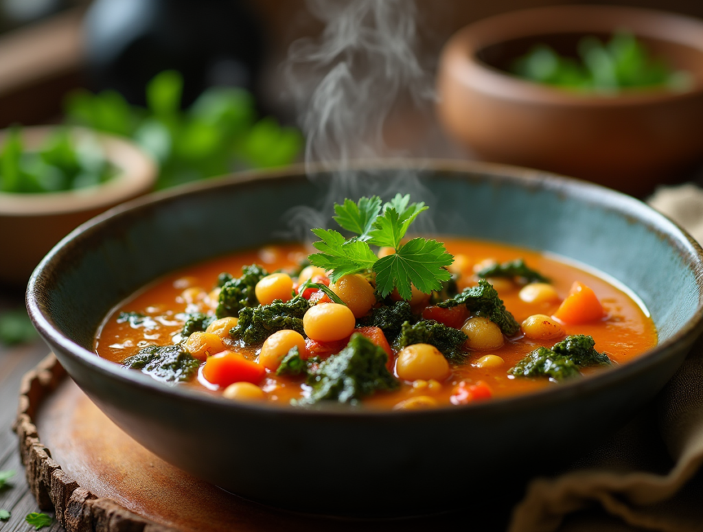 Steaming bowl of chickpea and kale soup, used as anAnti-Inflammatory Chickpea and Kale Soup , garnished with fresh parsley, rustic kitchen setting