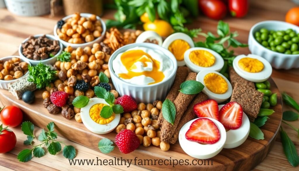 The Best Healthy Snacks With Protein - a vibrant assortment of healthy protein snacks beautifully arranged on a wooden platter, including roasted chickpeas, mixed nuts, Greek yogurt with honey and berries, protein bars, hard-boiled eggs, and edamame. Fresh herbs and colorful fruits scattered around for decoration, natural lighting to enhance freshness