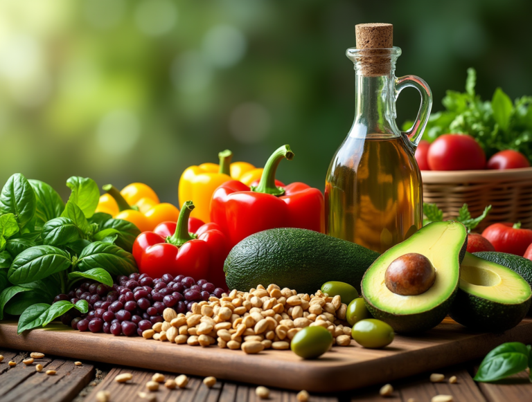 green-mediterranean-diet - a vibrant, lush spread of Mediterranean foods arranged beautifully on a wooden table. Include fresh green leafy vegetables, ripe avocados, colorful bell peppers, olives, nuts, and legumes