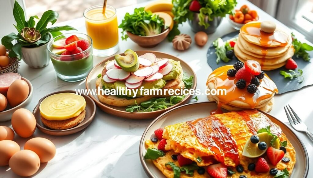 Healthy Breakfast Recipes - colorful smoothie bowls topped with fresh fruit, fluffy avocado toast garnished with radishes and herbs, golden pancakes stacked high with maple syrup and berries, and a vibrant vegetable omelette. 