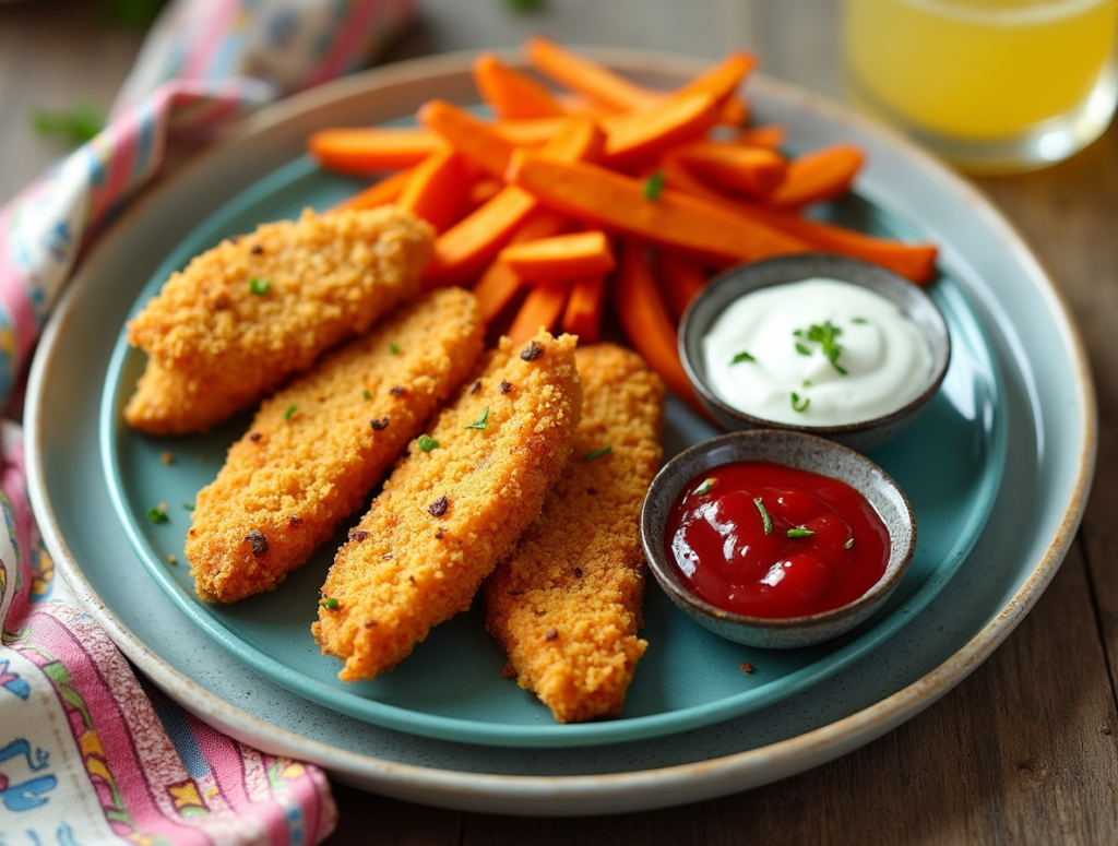 Healthy Fish Fingers with Homemade Sweet Potato Fries." Show a plate featuring golden, oven-baked fish fingers with a crispy whole-grain breadcrumb coating. Next to them, include a generous portion of sweet potato fries, perfectly roasted and lightly seasoned. Add small dipping bowls of creamy yogurt-based tartar sauce and ketchup for a playful touch.