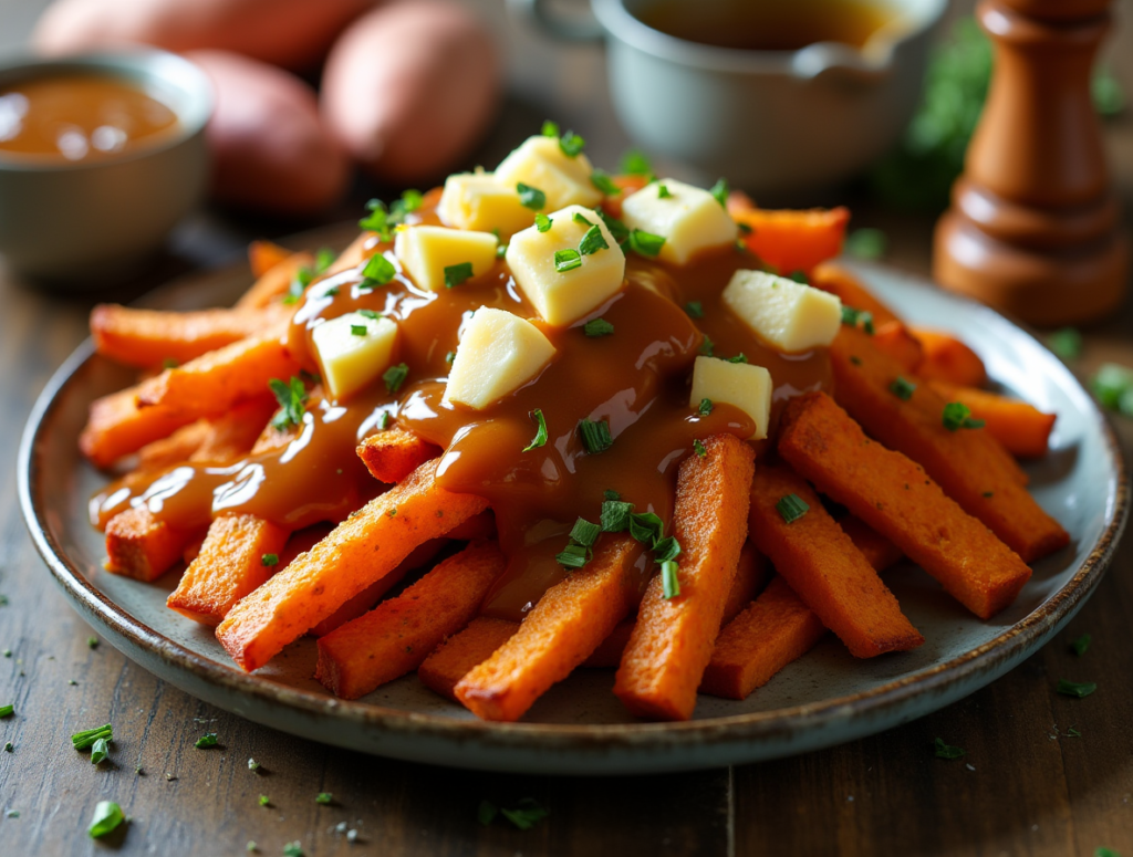 Homemade Poutine with Sweet Potatoes." Showcase a rustic plate piled high with crispy, oven-baked sweet potato fries as the base. Drizzle a glossy, golden-brown gravy over the fries and scatter fresh cheese curds on top,