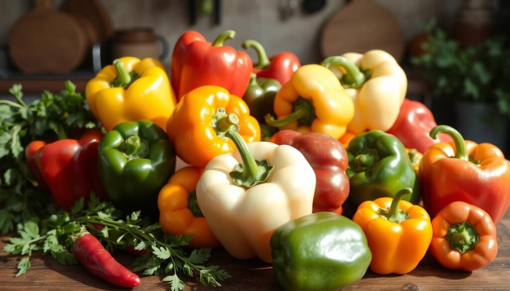 Colorful Sweet Potato and Black Bean Stuffed Peppers displayed on a wooden table, showcasing different shapes and sizes, with sunlight illuminating their glossy skin, surrounded by fresh herbs and a rustic kitchen backdrop.