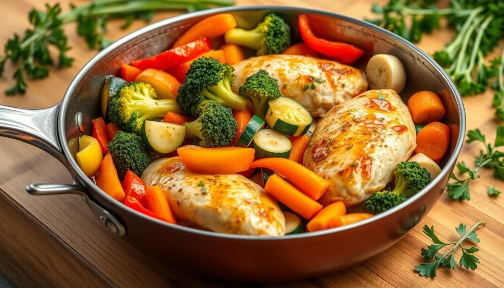 A skillet filled with pan-seared chicken breasts and a colorful medley of roasted vegetables.