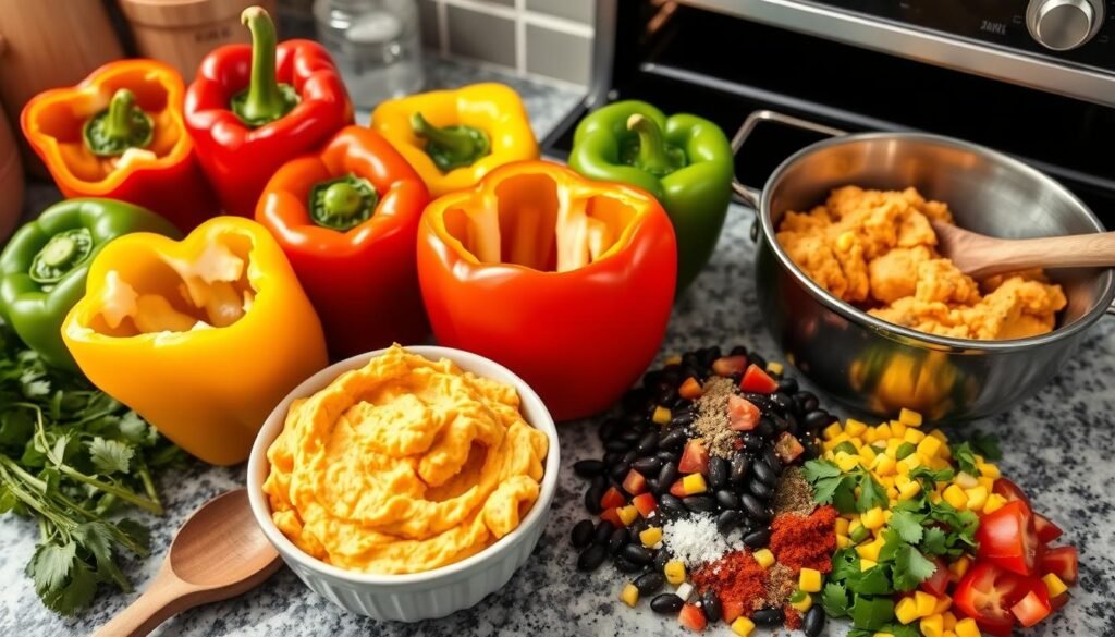 A vibrant kitchen counter filled with colorful fresh ingredients for Sweet Potato and Black Bean Stuffed Peppers