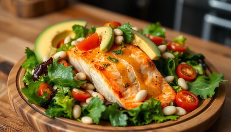 Salmon salad featuring fresh mixed greens, topped with perfectly seared salmon fillet, garnished with crispy white beans, cherry tomatoes, avocado slices, and a drizzle of tangy vinaigrette, presented on a stylish wooden plate, with a rustic kitchen background.