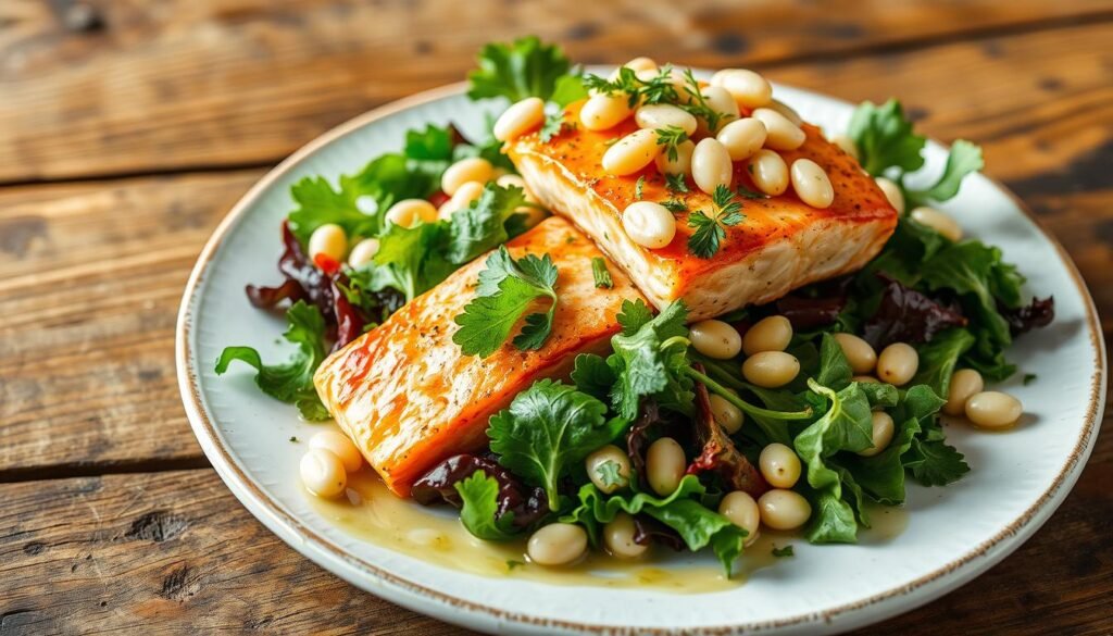 A beautifully arranged salmon salad featuring vibrant mixed greens, topped with crispy white beans, garnished with fresh herbs, and drizzled with a lemon vinaigrette, elegantly presented on a rustic wooden table with natural lighting highlighting the textures and colors.