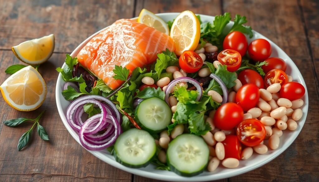 Vibrant arrangement of fresh ingredients for a salmon salad, featuring a fillet of pink salmon, crisp mixed greens, bright cherry tomatoes, sliced cucumbers, red onions, and crunchy white beans, all presented on a rustic wooden table with a light drizzle of olive oil and lemon wedges for freshness.