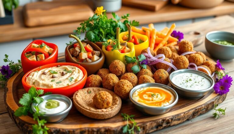 Meatless Monday Appetizers and Snacks - appetizers displayed on a rustic wooden platter, featuring colorful stuffed bell peppers, hummus with fresh vegetables, crispy falafel balls, and a variety of dips.