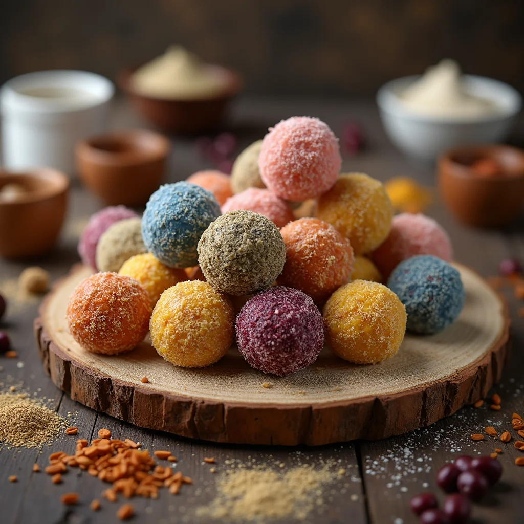 Homemade Energy Ball Recipes- an assortment of homemade energy balls made with oats, nuts, and dried fruits, displayed on a rustic wooden board, perfect for a healthy snack or quick energy boost.