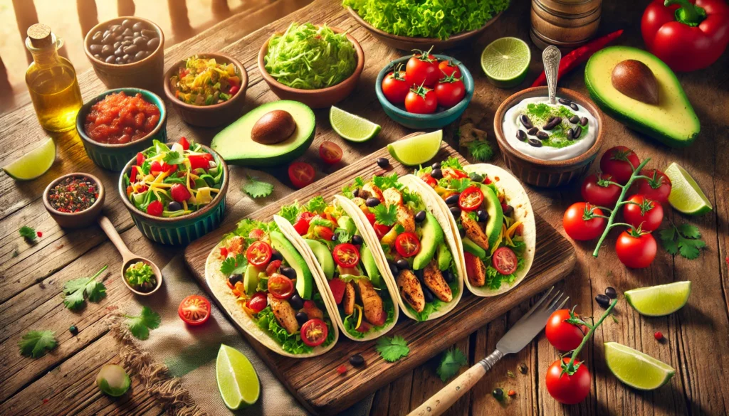 Healthy Taco Tuesday- a vibrant, healthy taco spread, featuring colorful tacos filled with fresh ingredients like grilled chicken, avocado slices, cherry tomatoes, shredded lettuce, black beans, and a sprinkle of cilantro. The tacos are arranged on a rustic wooden table alongside small bowls of toppings, such as salsa, lime wedges, and Greek yogurt. The background includes a warm and inviting kitchen setting with soft natural lighting streaming through a window, creating a cheerful atmosphere. Bright colors like green, red, and yellow dominate, giving the image a lively and appetizing feel. Created using: realistic food styling, shallow depth of field, natural lighting, top-down view, rustic textures, vibrant colors, warm tones, and high-definition detail.
