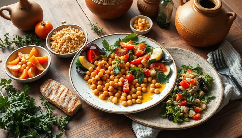 A beautifully arranged Mediterranean meal on a rustic wooden table, featuring vibrant vegetables, whole grains, and healthy fats; portioned servings of grilled fish, chickpeas, and a colorful salad drizzled with olive oil; surrounded by fresh herbs and rustic pottery; soft natural lighting creating a warm, inviting atmosphere.