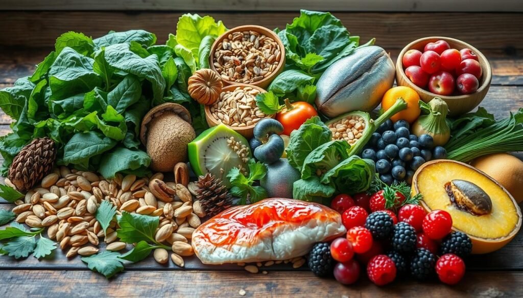 A vibrant and colorful still life composition featuring an array of brain-boosting foods, including green leafy vegetables, nuts, seeds, fatty fish, and berries. The setting is a rustic wooden table with natural light illuminating the fresh produce. Emphasize the health benefits by highlighting the textures and colors of the ingredients, creating a harmonious balance that symbolizes longevity and brain vitality.