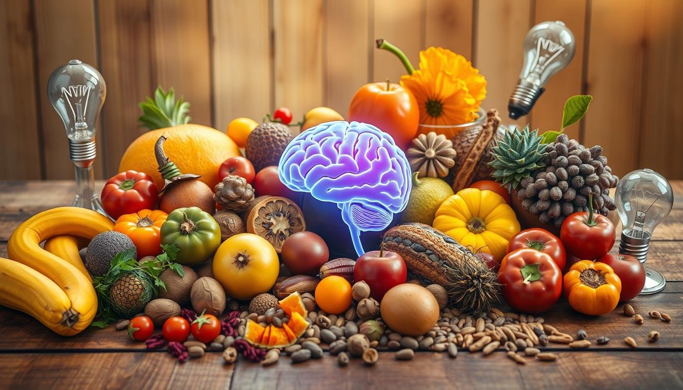 Eating Right - a vibrant still life featuring an array of colorful fruits, vegetables, nuts, and seeds arranged artistically on a wooden table, with a glowing human brain subtly integrated into the scene.