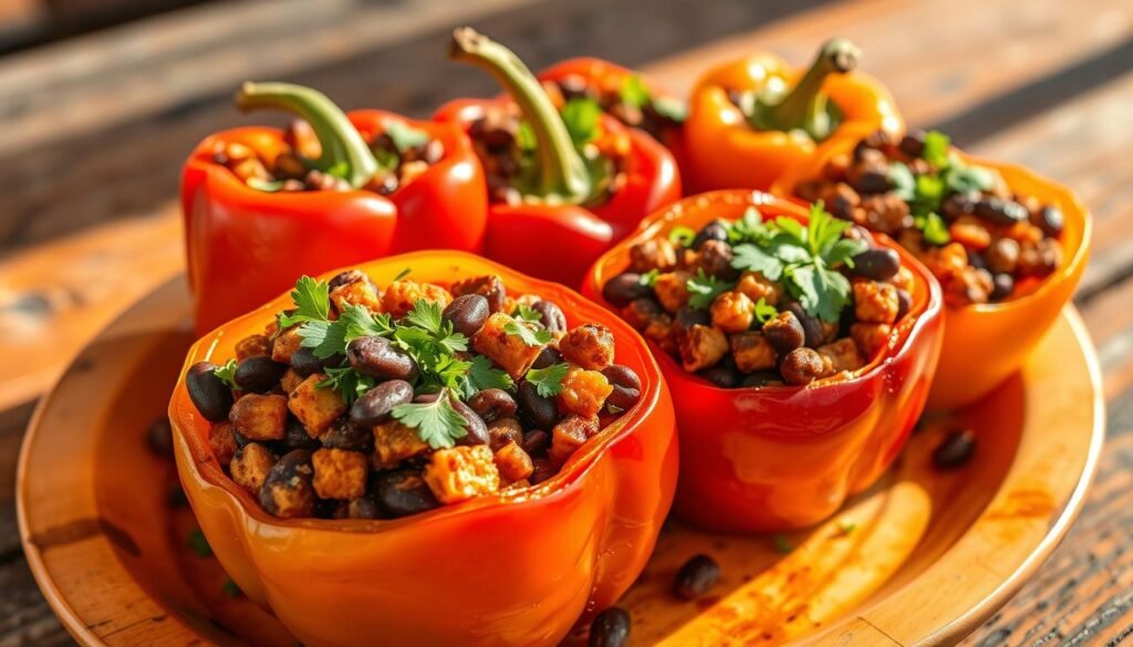 colorful Sweet Potato & Black Bean Stuffed Peppers, garnished with fresh herbs.