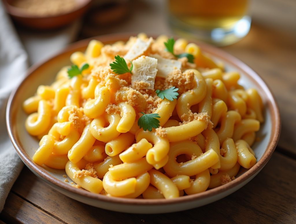 Mac and Cheese with Hidden Veggies." Show a creamy plate of whole-grain macaroni, generously coated with a velvety cheese sauce blended with cauliflower or butternut squash