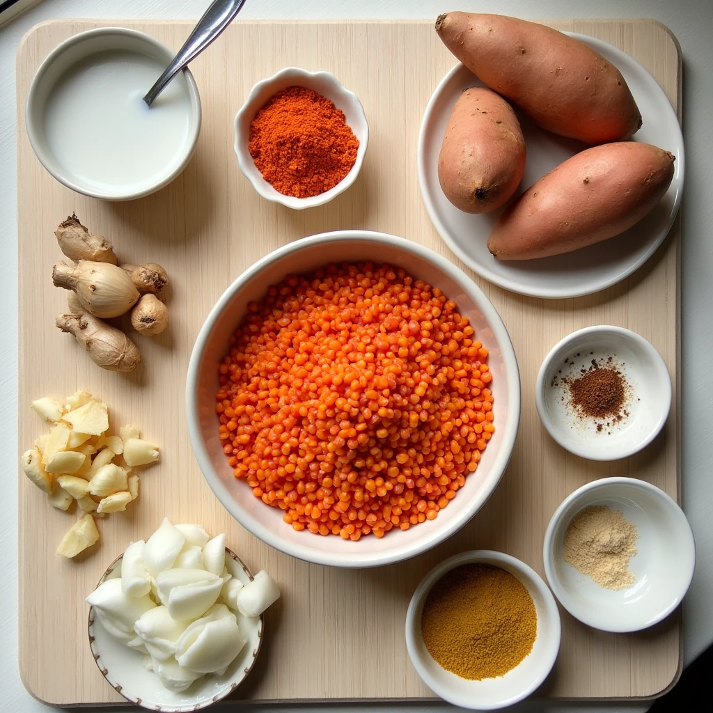 Ingredients for plant-based curry laid out on a light wooden cutting board - fresh sweet potatoes, red lentils, coconut milk, spices in small bowls, ginger, garlic, and onions. Overhead shot with natural window lighting.