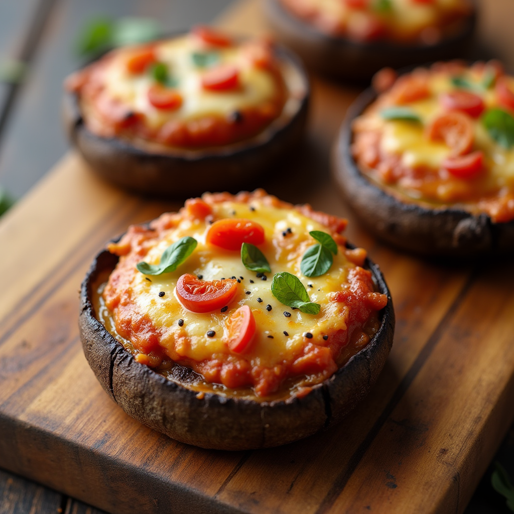 Mini portobello mushroom pizzas, baked to perfection, topped with melted cheese and colorful vegetables, served on a rustic wooden board