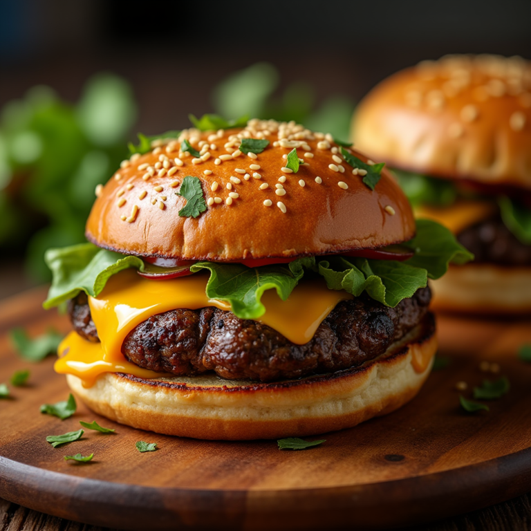 Portobello Mushrooms -a juicy portobello mushroom burger topped with melted cheese, fresh veggies, and served on a wooden plate