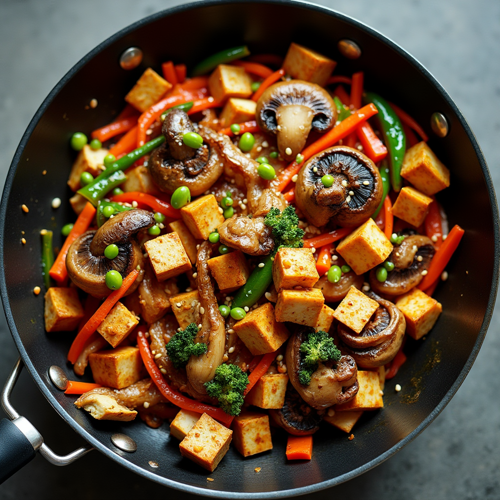 A vibrant stir-fry featuring portobello mushrooms, tofu, and colorful vegetables in a wok, garnished with sesame seeds