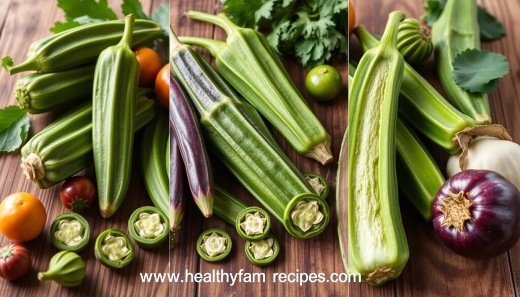 Which Okra is Best: A visually appealing collage of various okra varieties, showcasing their unique colors, shapes, and textures, arranged artistically on a wooden table with fresh ingredients surrounding them, highlighting their versatility and beauty in a natural setting