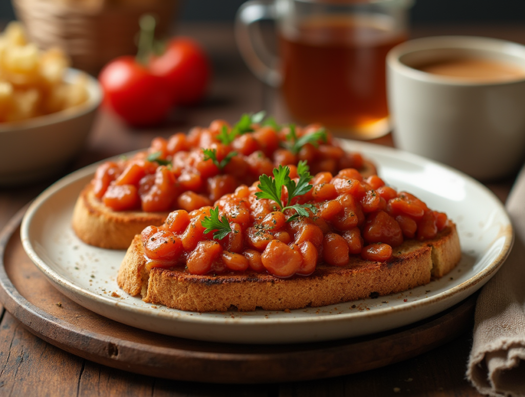 Baked Beans on Whole-Grain Toast (Healthier Version)." Depict two slices of toasted whole-grain bread on a rustic plate, topped generously with homemade baked beans in a rich tomato sauce. The beans should glisten, with hints of diced onions and a sprinkle of fresh parsley for garnish