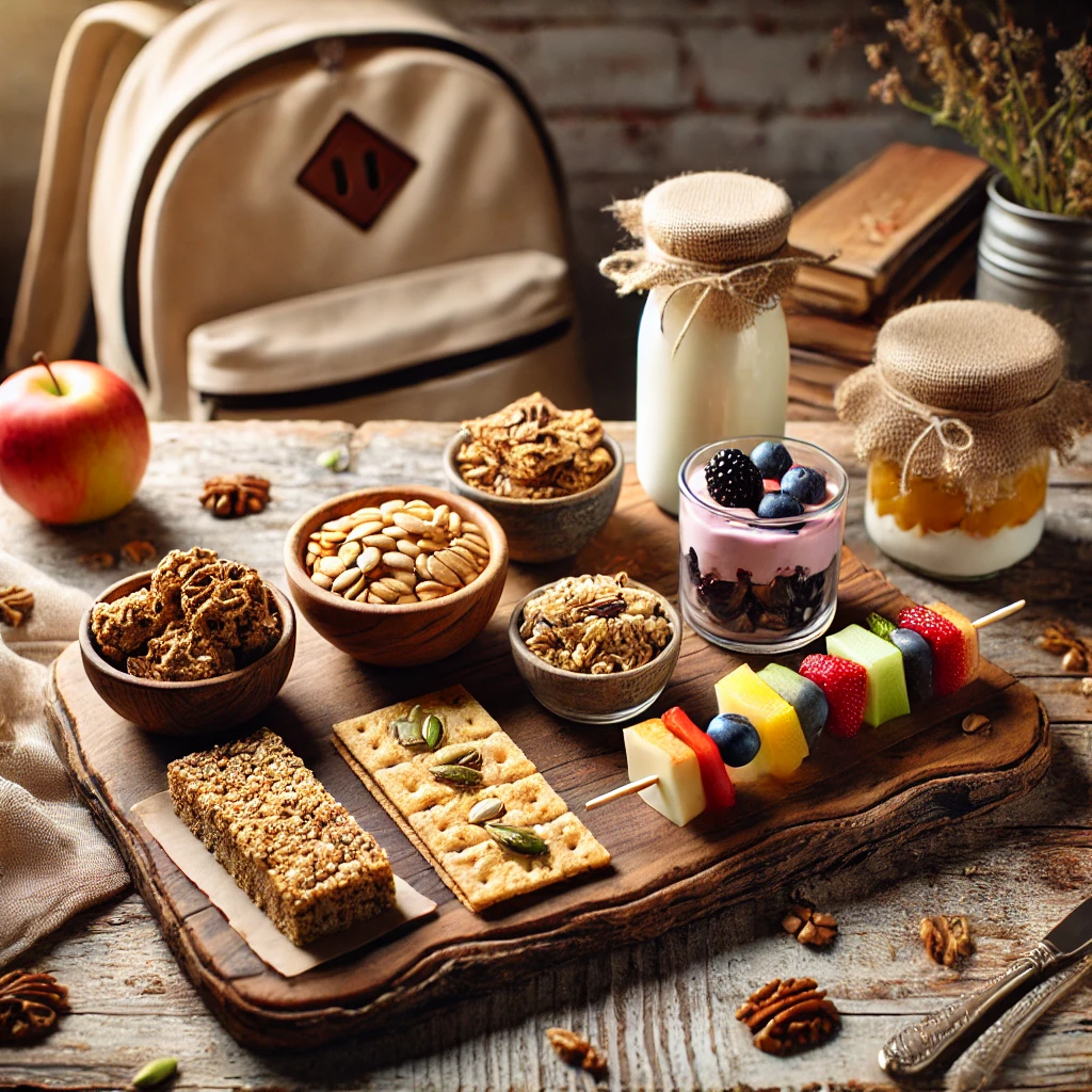 Nut-Free School Snacks-Rustic wooden board displaying an assortment of nut-free snacks (seed crackers, homemade granola bars, fruit kebabs, yogurt parfaits) with a school backpack and allergy alert sticker visible in corner