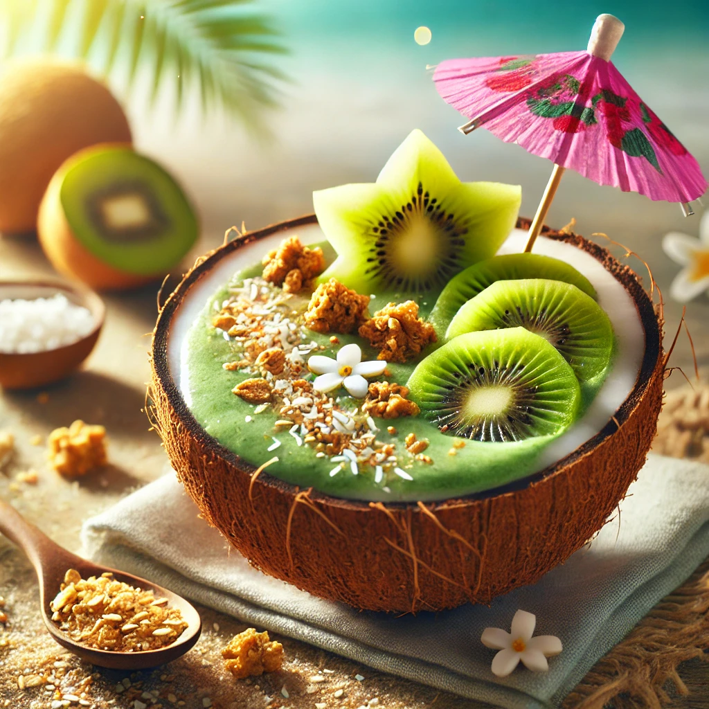 A vibrant smoothie bowl served in a halved coconut shell, filled with a creamy, chilled smoothie. 