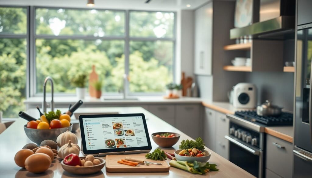 ai-generated meal plans -A spacious, modern kitchen filled with the tools of culinary experimentation. On the countertop, a tablet displays a customized weekly meal plan, the result of an AI's algorithmic recommendations. Ingredients for the selected recipes are neatly arranged, their colors and textures hinting at the flavorful dishes to come. Warm, diffused lighting sets a welcoming mood, while clean lines and sleek appliances evoke a sense of streamlined efficiency. In the background, a large window offers a glimpse of a verdant outdoor scene, suggesting a connection between the digital and the natural.