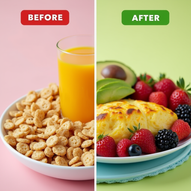 Boost Energy—A split-screen photo contrasting a ‘before’ breakfast (sugary cereal, orange juice) and an ‘after’ breakfast (veggie omelet, avocado, berries), with vibrant labels showing protein/fiber grams.