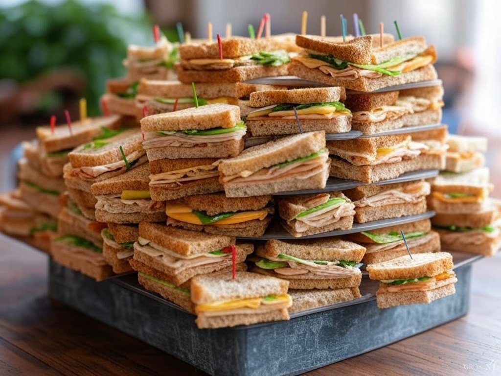 A tiered stand with a stack of sandwiches, each held by a toothpick, ready for a gathering, with a blurred background of green herbs.