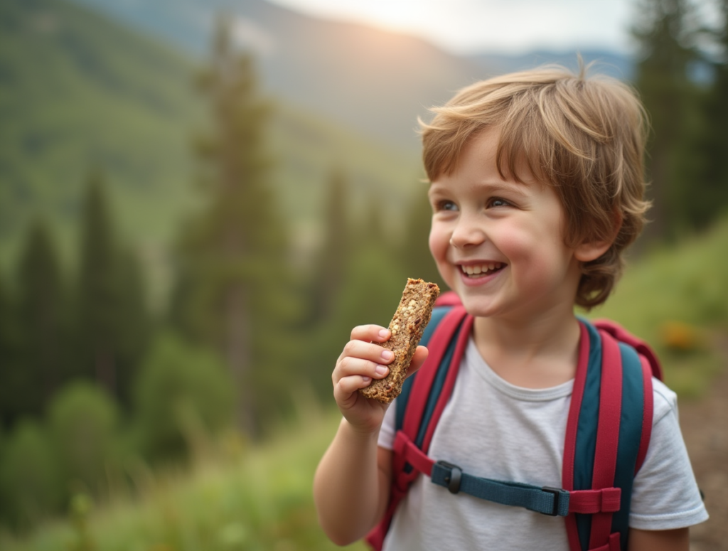 Low-Sugar Desserts—A smiling child enjoying a tahini-date energy bar during a hiking break, with nature scenery.