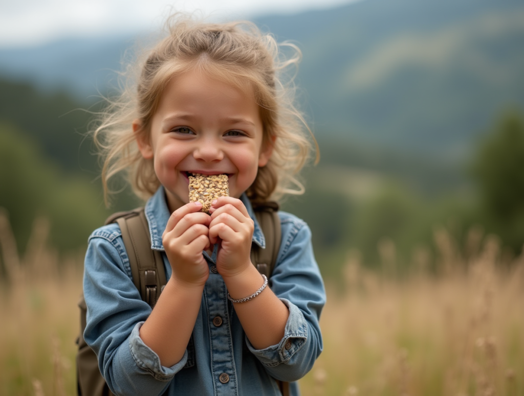 Low-Sugar Desserts—A smiling child enjoying a tahini-date energy bar during a hiking break, with nature scenery.