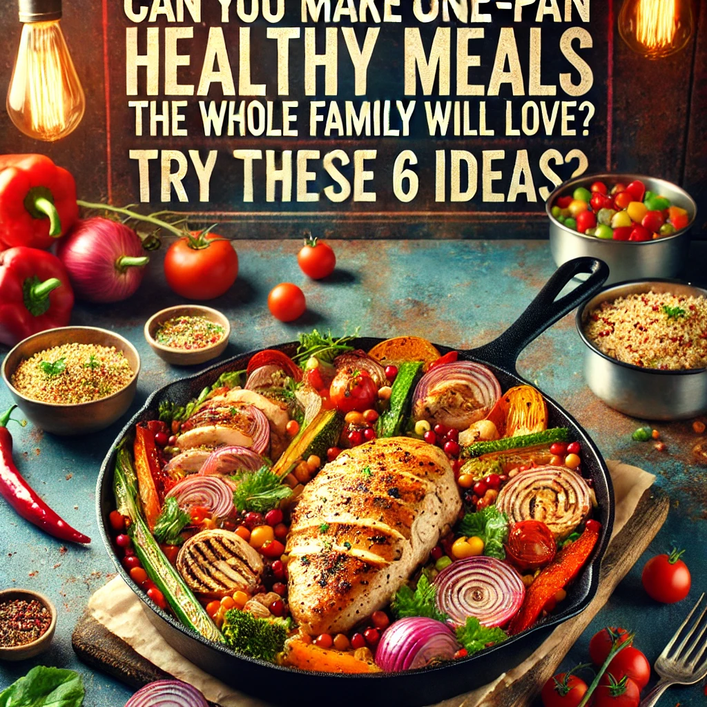 A vibrant and inviting food-themed image with the text 'Can You Make One-pan Healthy Meals The Whole Family Will Love? Try These 6 Ideas' prominently