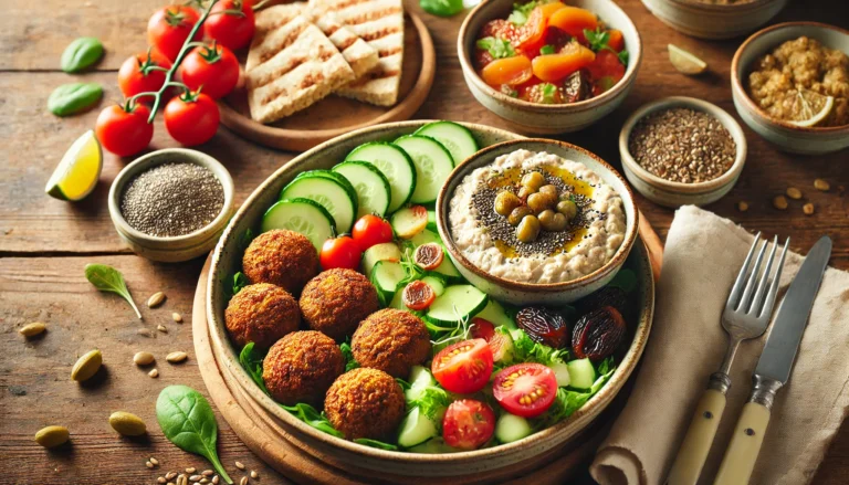 image featuring a delicious spread of Baked Falafel and Overnight Oats with Chia Seeds and Dried Fruits