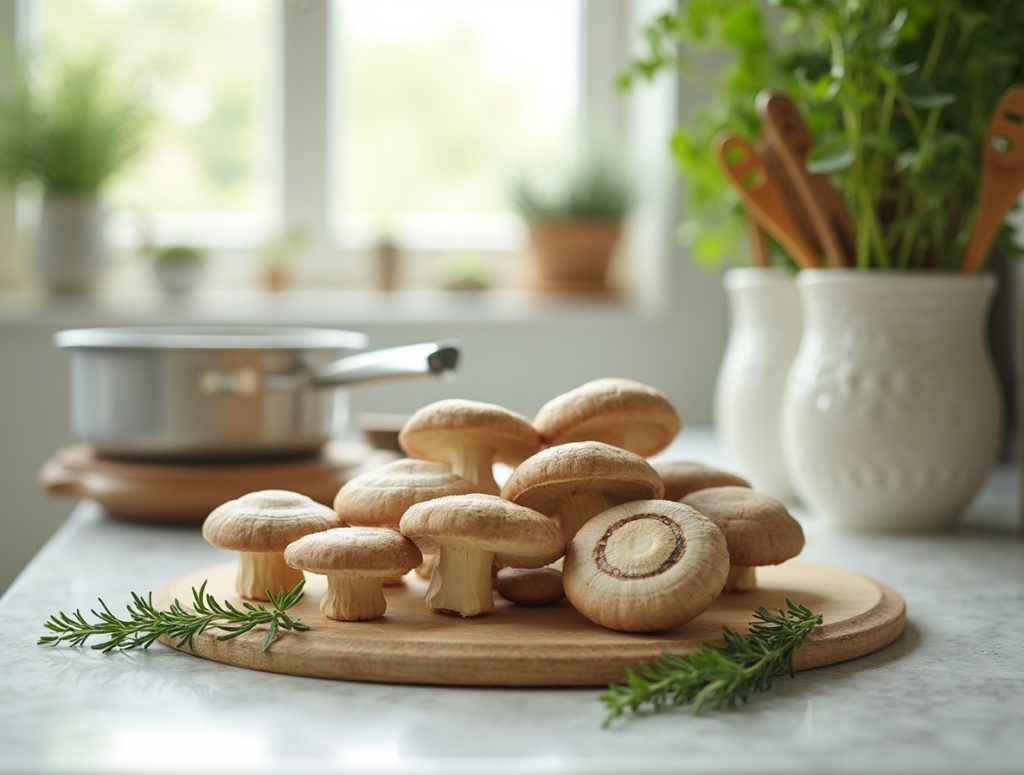 Portobello mushrooms, herbs, and cooking tools