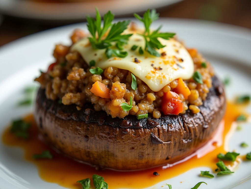 Side view of a stuffed Portobello mushroom cap